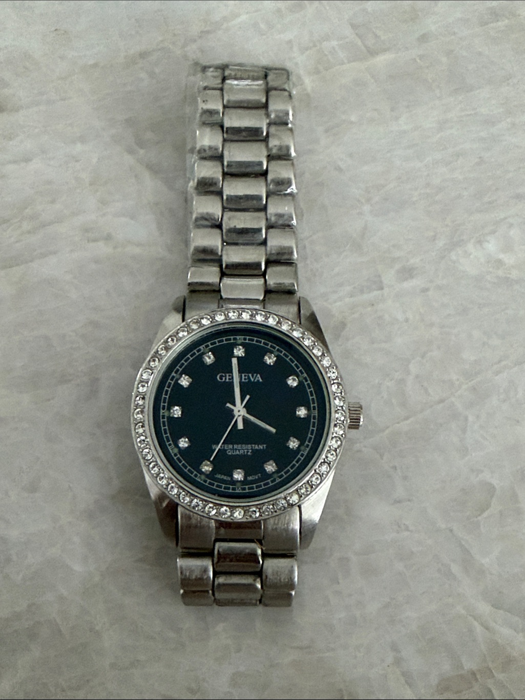 Geneva Silver Bracelet Watch With Black Dial And Crystal Bezel